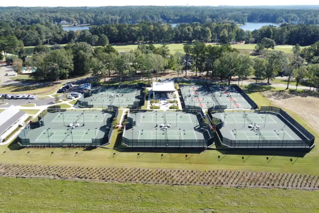 Aerial view of tennis courts complex.