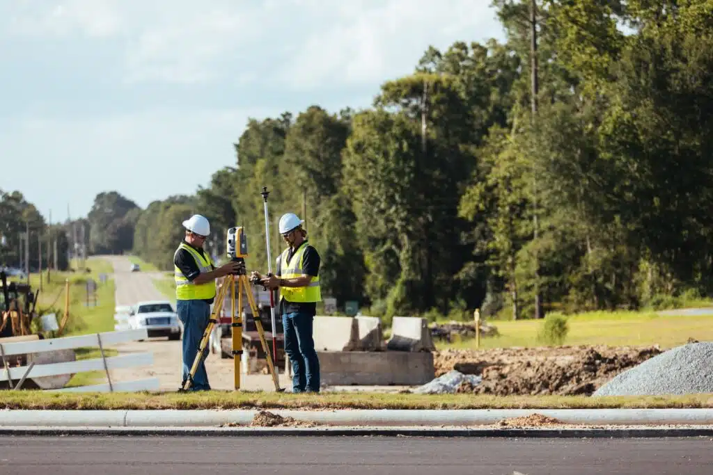 Two surveyors working on construction site.